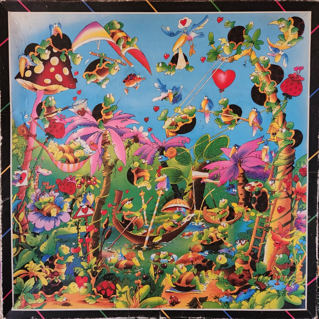 A whimsical illustration of many green cartoon turtles playing and relaxing in a lush, colorful tropical paradise.