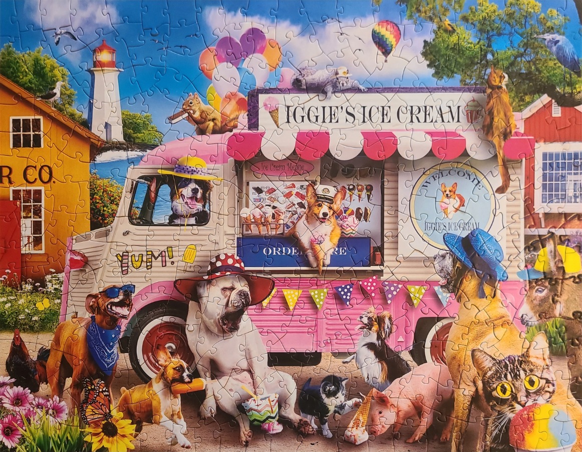 An illustration of an ice cream truck run by dogs in a whimsical seaside town.
