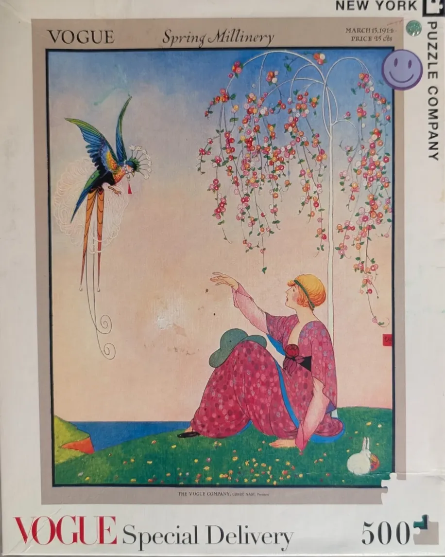 Vintage Vogue magazine cover illustration featuring a woman in a pink floral dress reaching toward a stylized colorful bird.