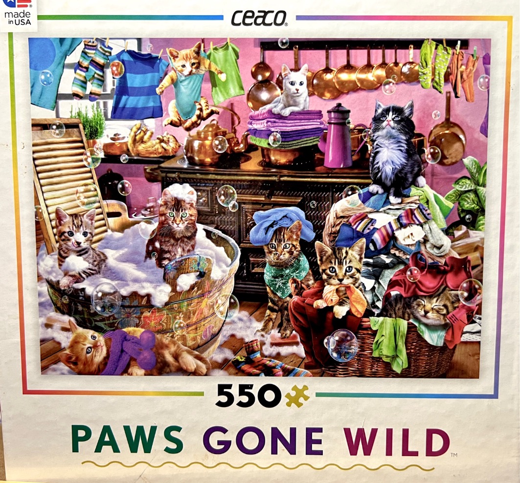 A whimsical illustration of many cats playing in a cluttered, vintage-style laundry room.