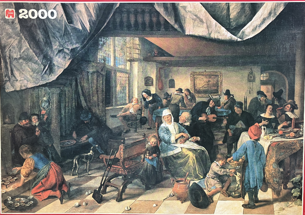 A bustling 17th-century Dutch interior scene featuring groups of people dining and socializing in a tavern setting.