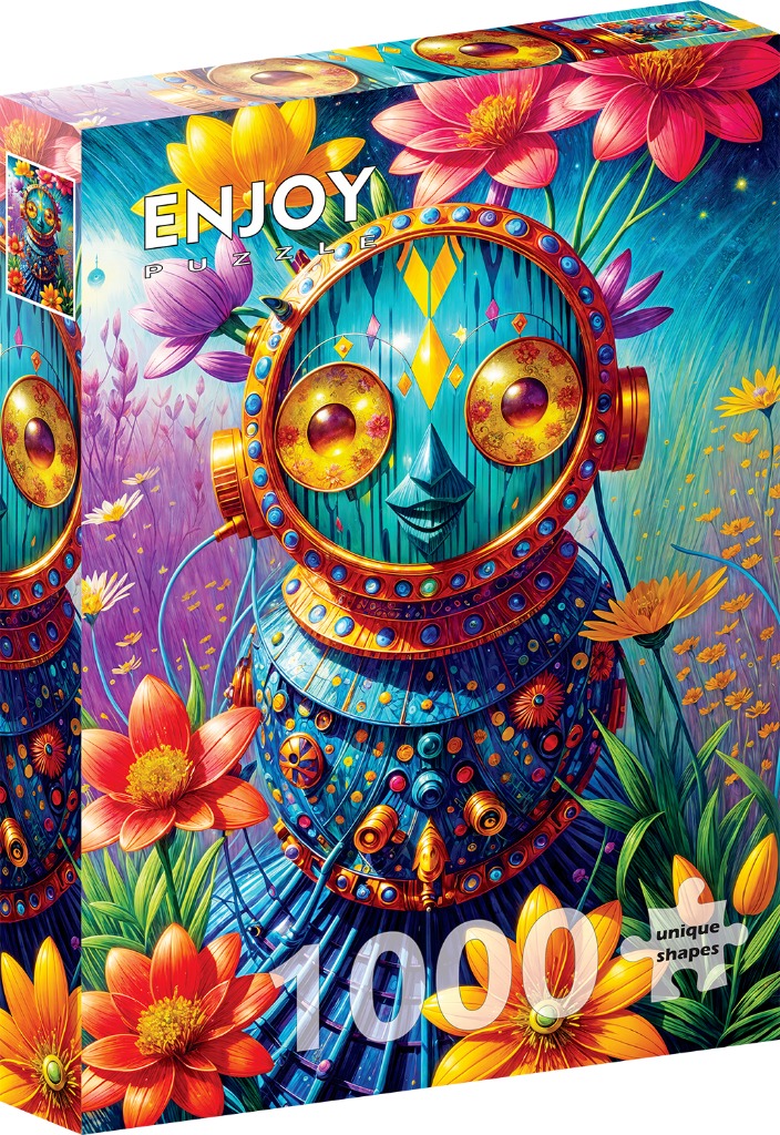 Whimsical illustration of a stylized, futuristic robot character surrounded by vibrant flowers.