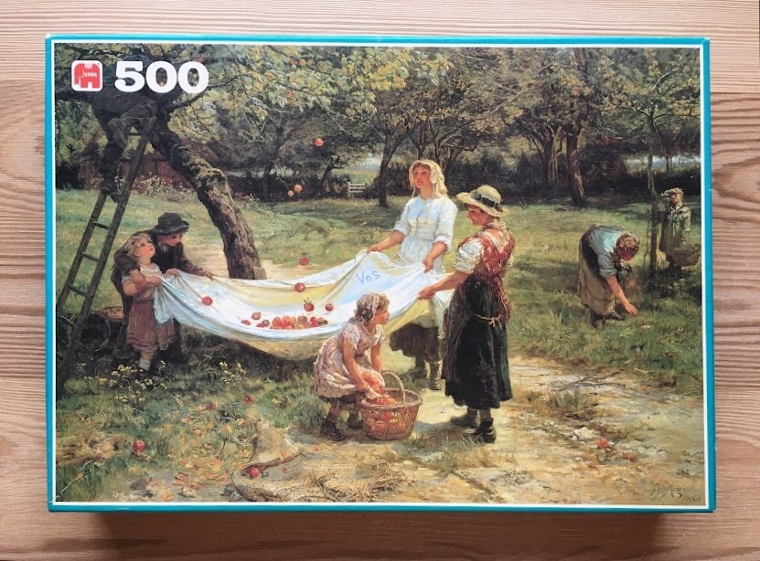 Oil painting of a group of people harvesting apples in an orchard, catching falling fruit in a large white sheet.