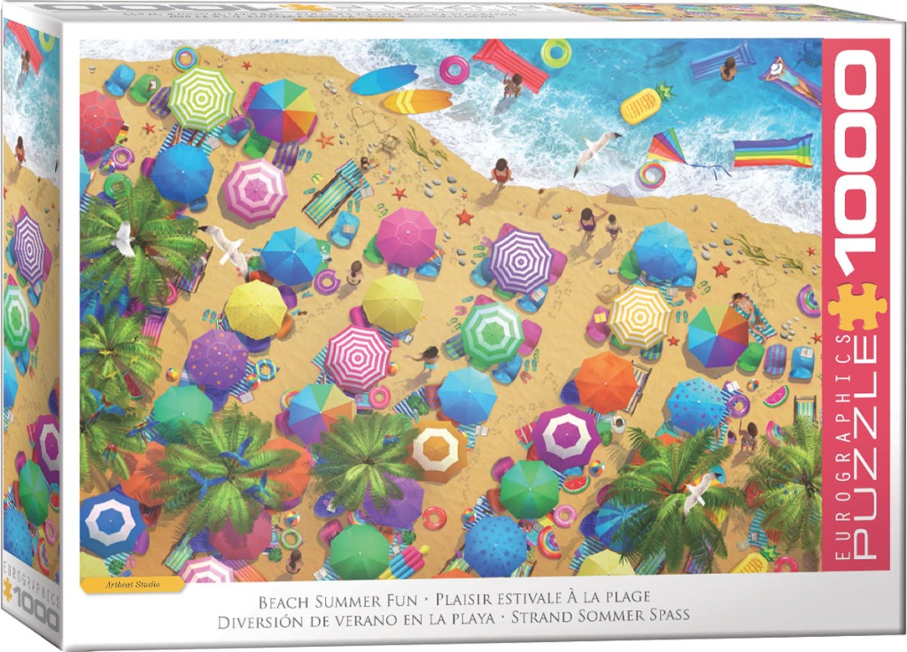 High-angle aerial illustration of a busy, colorful tropical beach filled with umbrellas and vacationers.