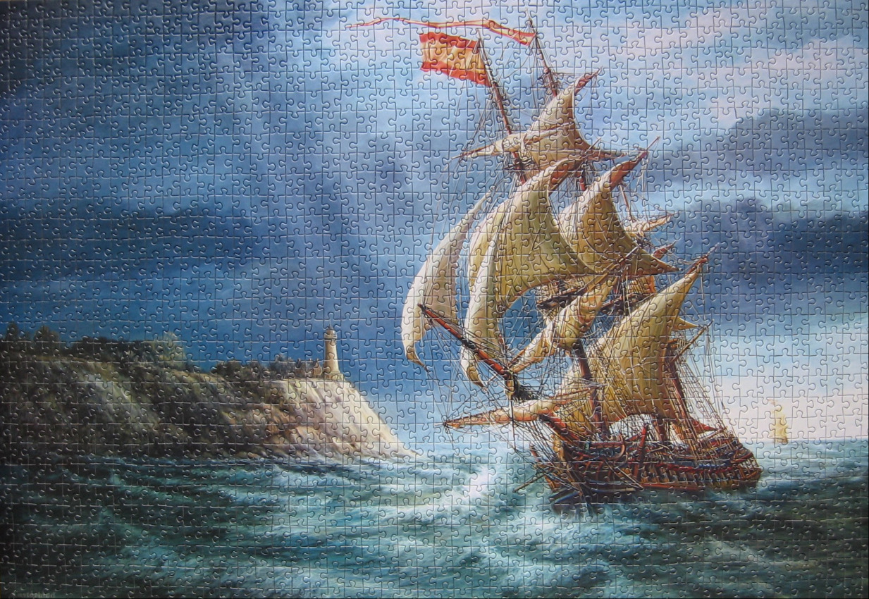 An 18th-century Spanish galleon sailing past a rocky coastal cliff with a lighthouse under a stormy sky.