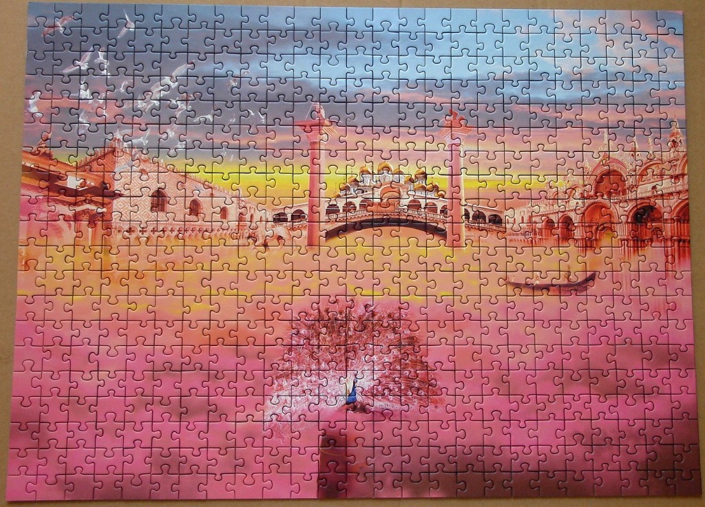 A surreal illustration of St. Mark’s Square in Venice featuring a peacock and a sunset sky.