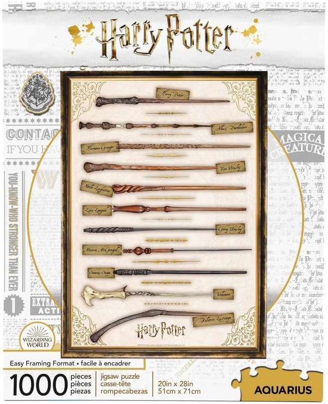 A collection of 11 wands from Harry Potter displayed horizontally in a framed poster style.