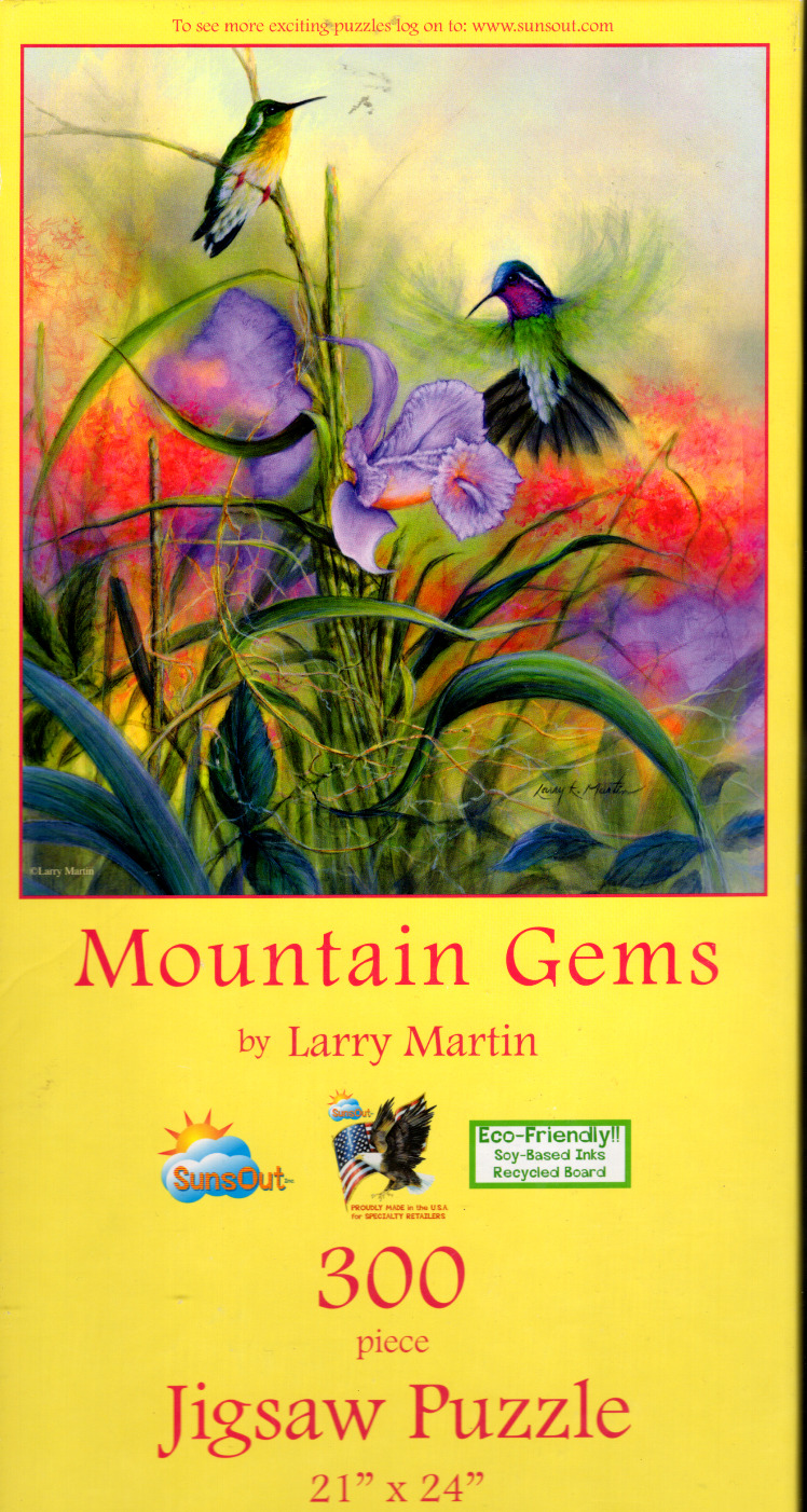 Painting of two hummingbirds hovering near a purple iris flower in a vibrant garden.
