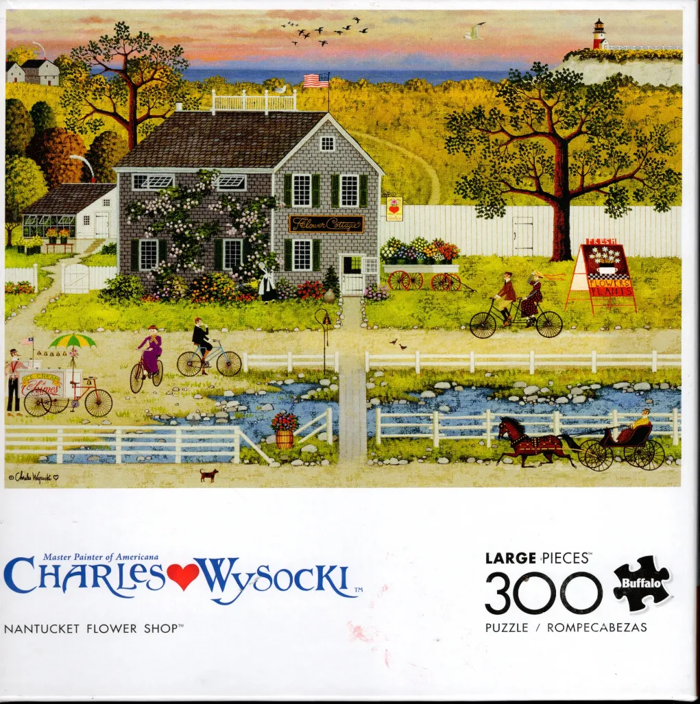 A charming folk art scene of a Nantucket flower cottage with a bicycle and horse-drawn carriage in a seaside town.
