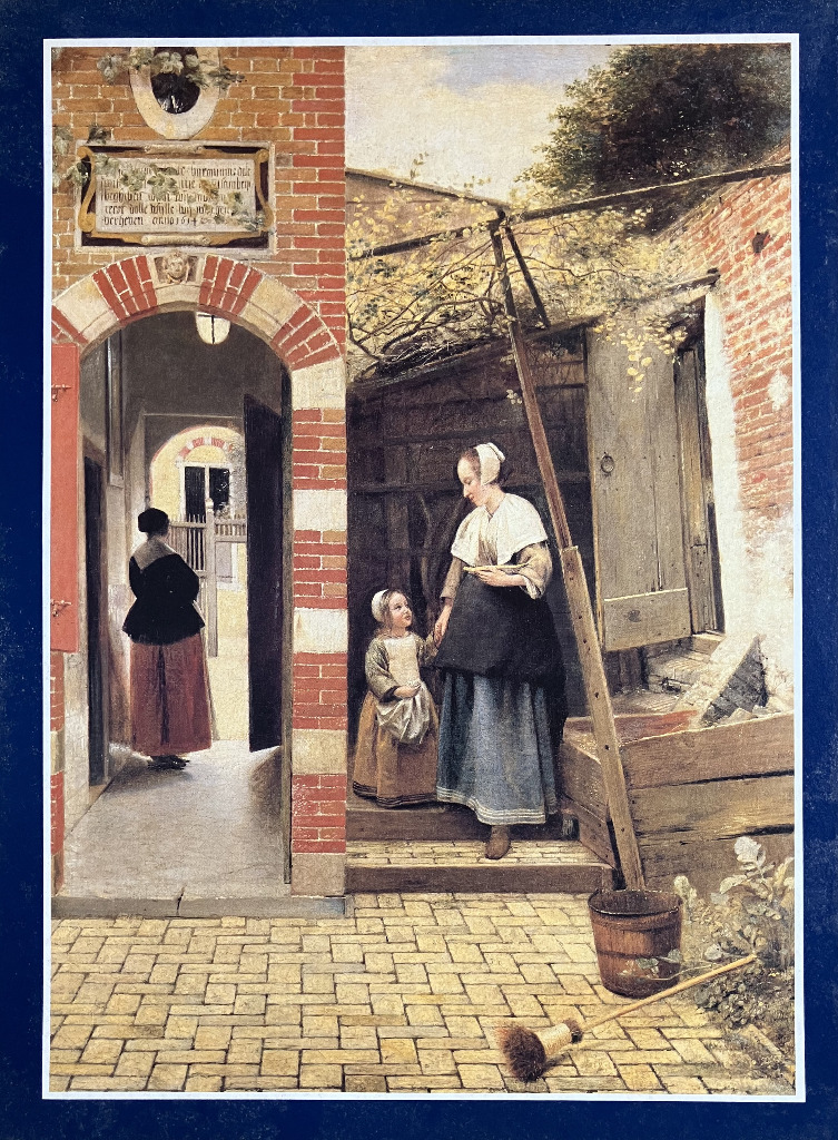 An oil painting of a woman and child in a 17th-century Dutch courtyard, with a second woman visible through an archway.