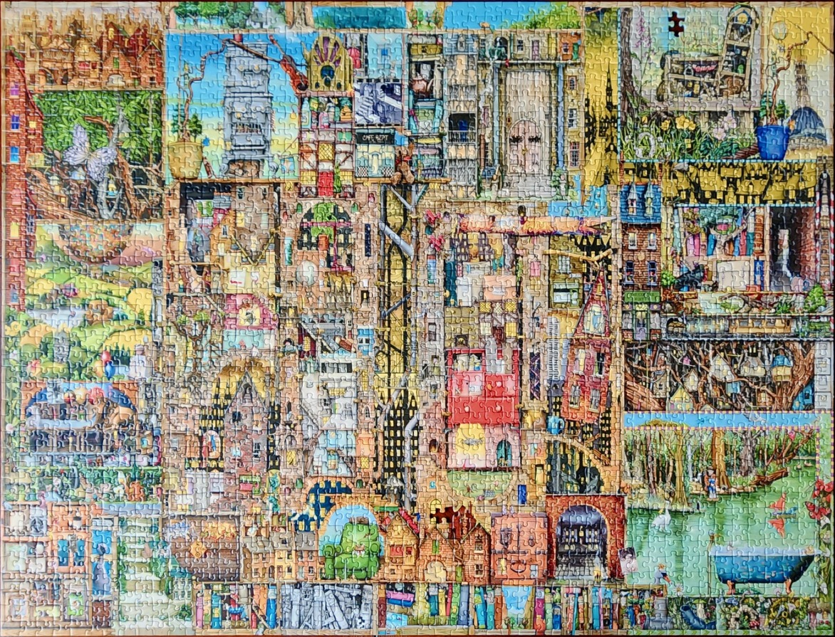A complex, multi-layered illustration depicting an apartment building cross-section filled with eclectic scenes.