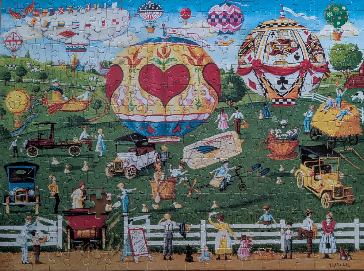 Whimsical painting of vintage hot air balloons and antique cars in a rural field