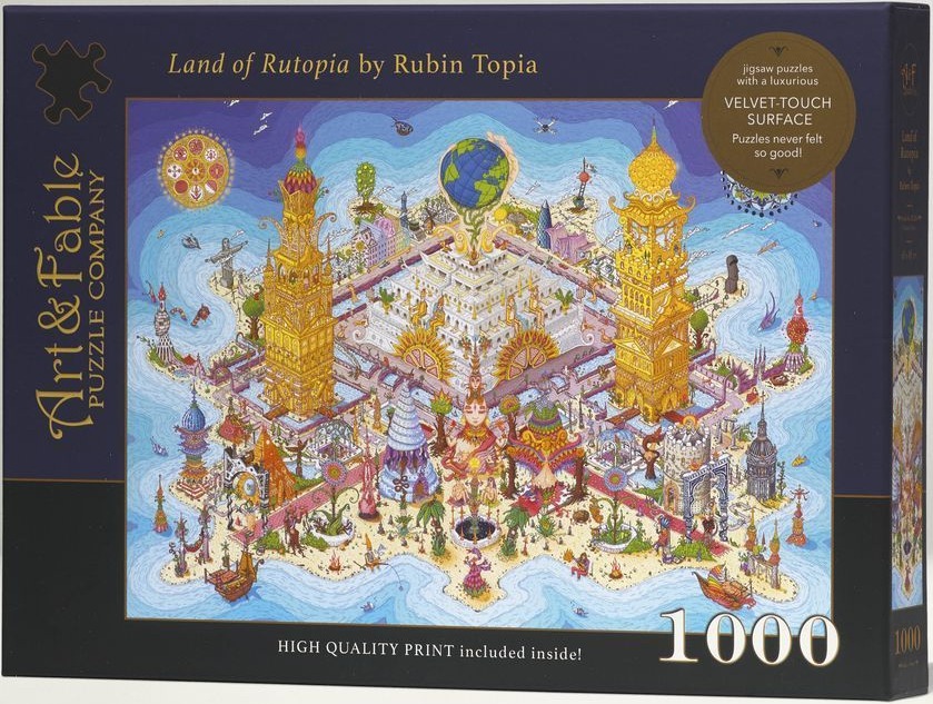 Surreal illustration of a vibrant, multi-layered island city with golden towers and a globe on top.