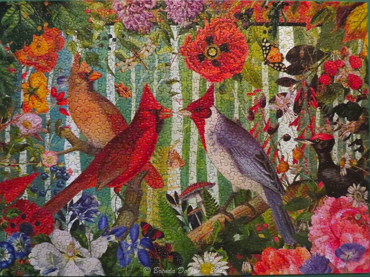 A lush, botanical scene featuring vibrant red cardinals and diverse flowers in a garden setting.