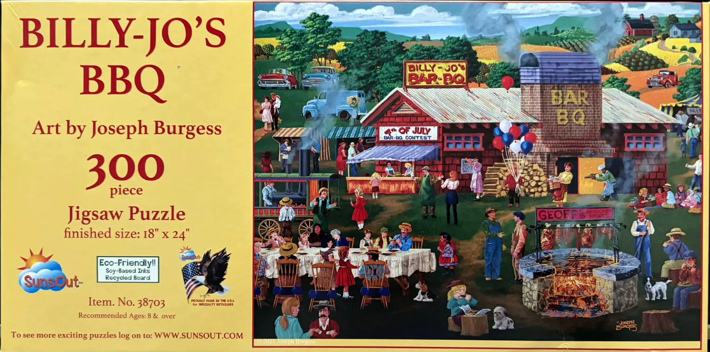 Illustration of a lively 4th of July barbecue festival at a rustic smokehouse.