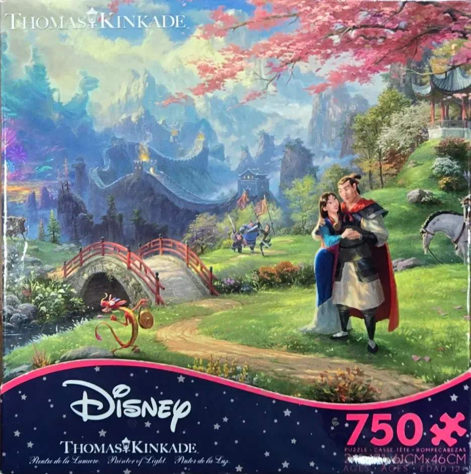 A romantic scene featuring Mulan and Li Shang in a lush landscape with the Great Wall in the background.