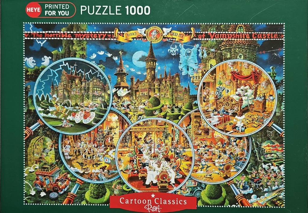 A cartoon illustration of a spooky castle scene viewed through four magnifying glasses.