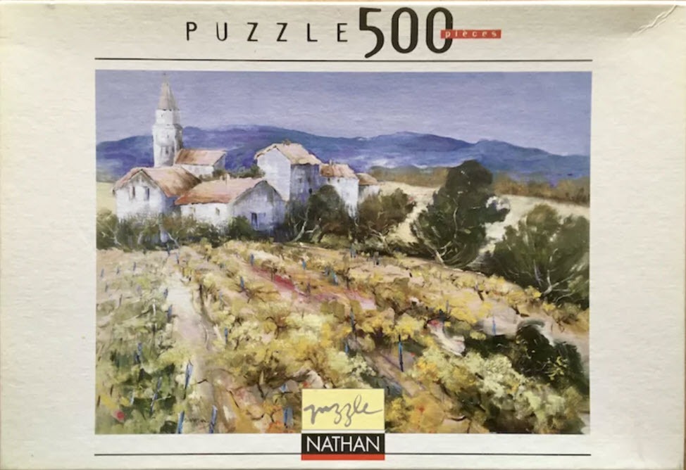 Impressionistic oil painting of a French-style village tucked behind rolling vineyards under a soft, overcast sky.