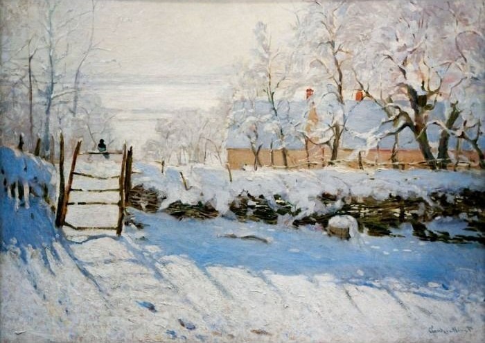 A lone magpie perched on a wooden gate in a quiet, snow-covered landscape with a cottage in the background.