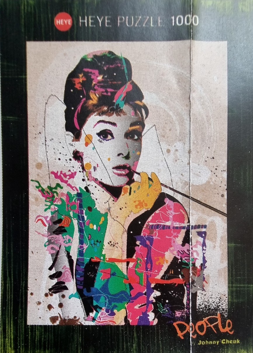 Stylized pop-art portrait of Audrey Hepburn with colorful paint splatters and abstract accents.