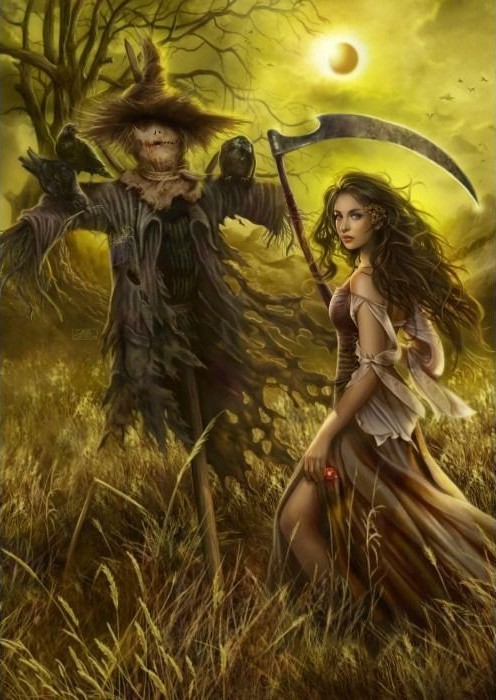 A young woman with a scythe stands next to a tattered scarecrow in a golden, autumnal field under an eclipse.