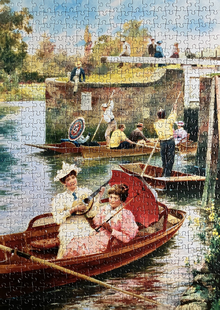 Impressionist painting of people boating on a river near an old stone lock.