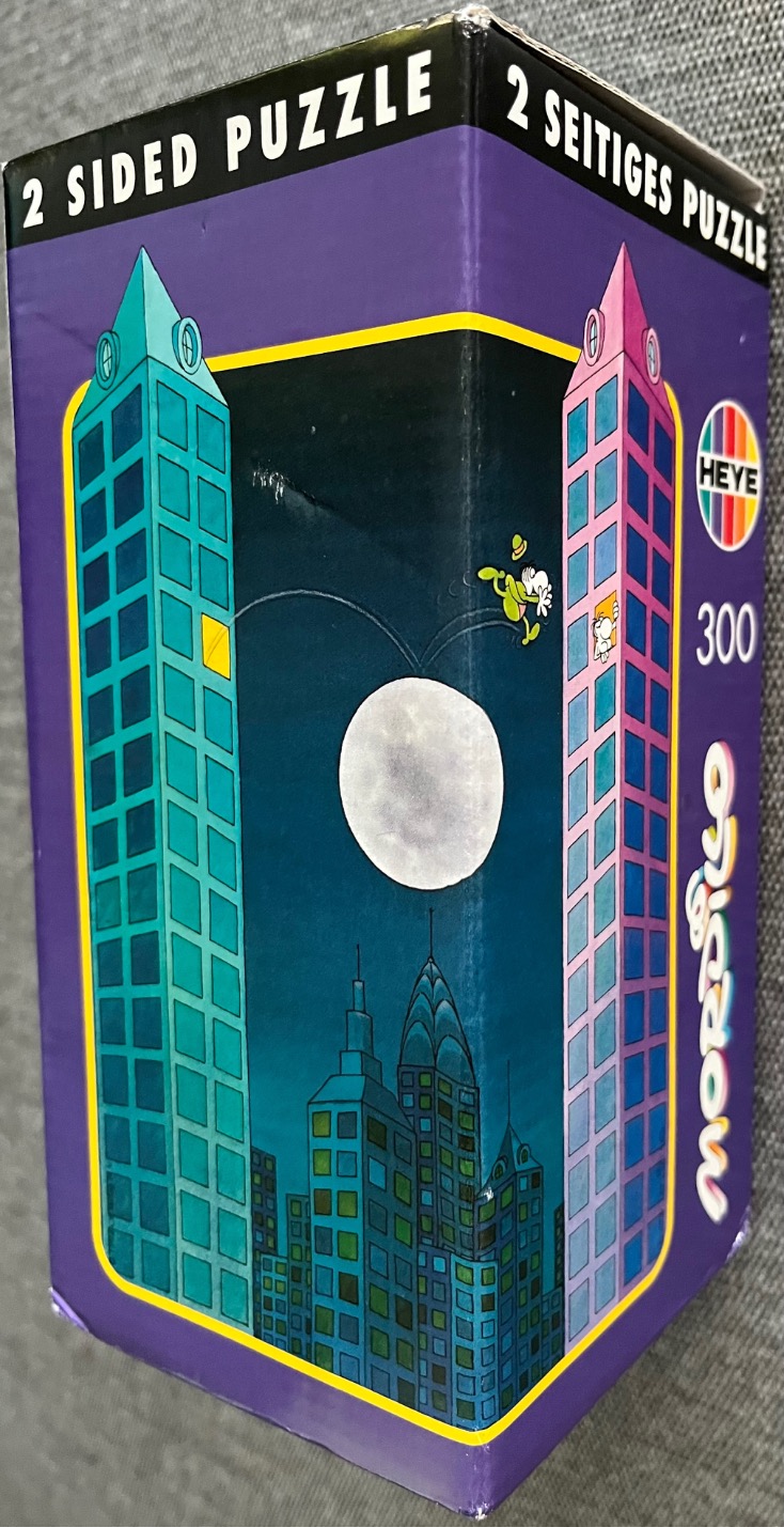 Cartoon illustration of two tall towers in a night city skyline with a large full moon and a jumping character.