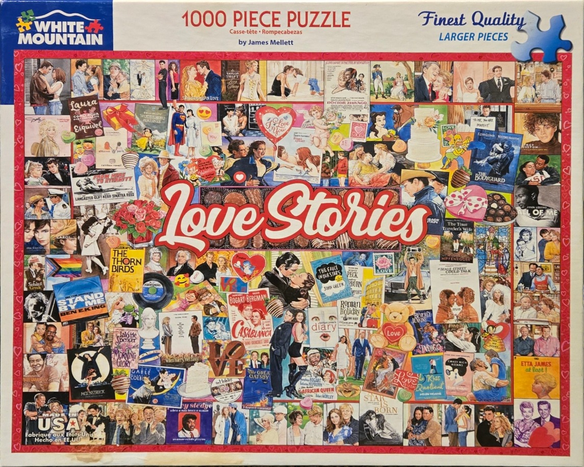 A collage of famous romantic movie posters, books, and heart-themed illustrations titled Love Stories.