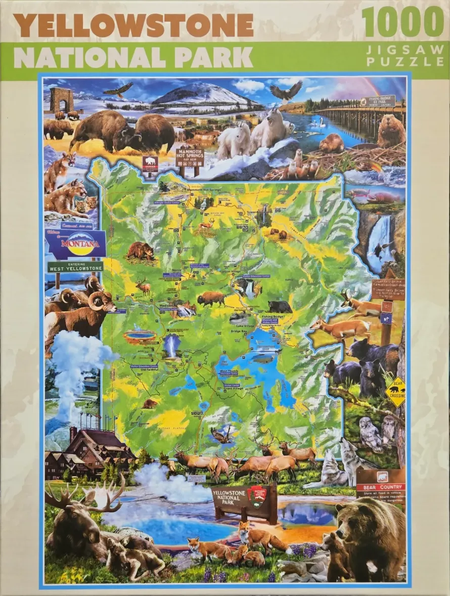 A collage-style illustrated map of Yellowstone National Park surrounded by various wildlife species and scenic landmarks.