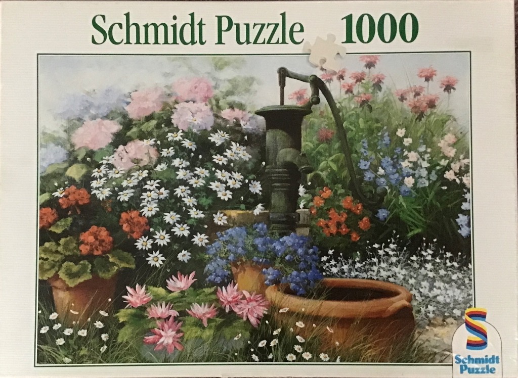 An oil painting of a vintage water pump in a vibrant, flower-filled garden.