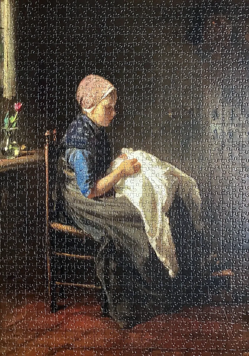 A painting of a woman in a bonnet sitting in a chair and sewing white fabric by a window.