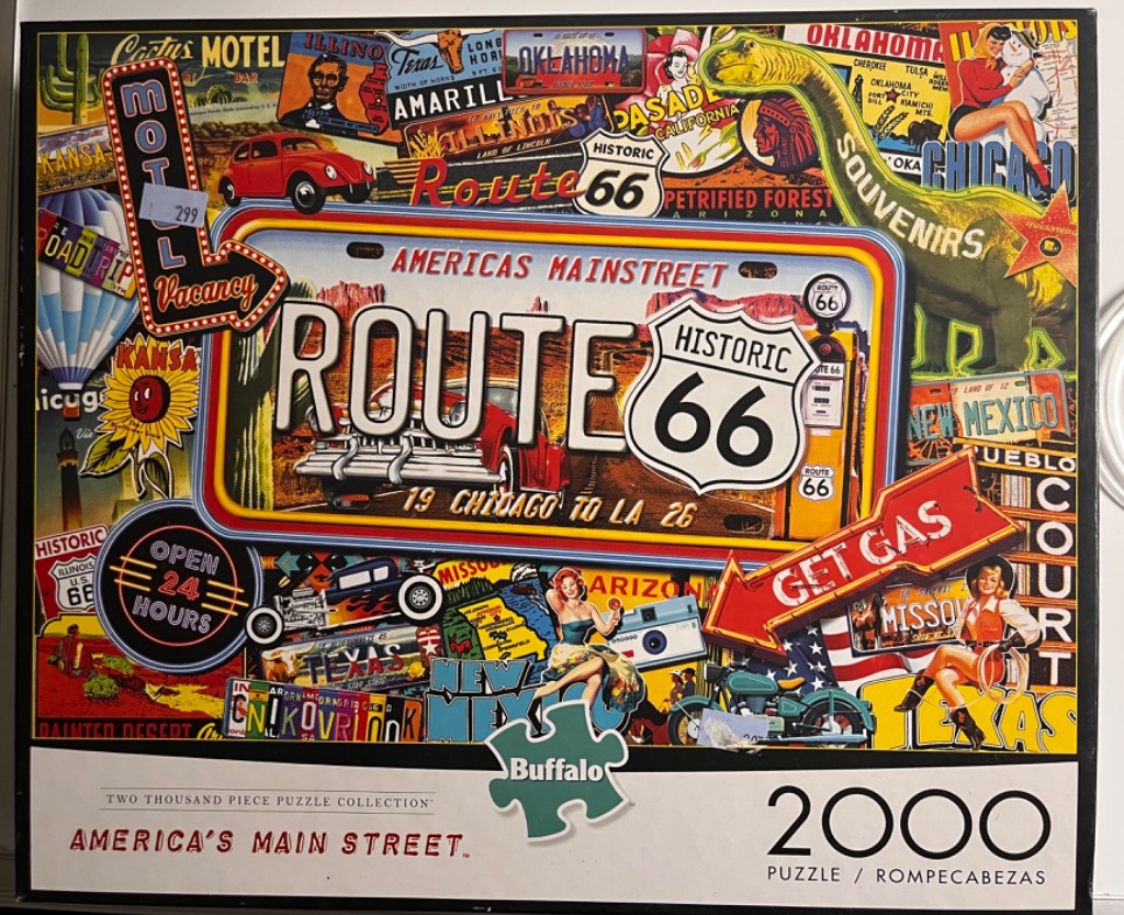 A collage of vintage Route 66 memorabilia, license plates, pin-up girls, and Americana road-trip iconography.