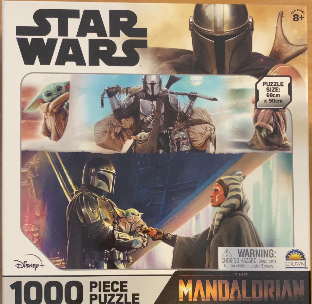Digital artwork featuring The Mandalorian and Grogu in various scenes, including an encounter with Ahsoka Tano.