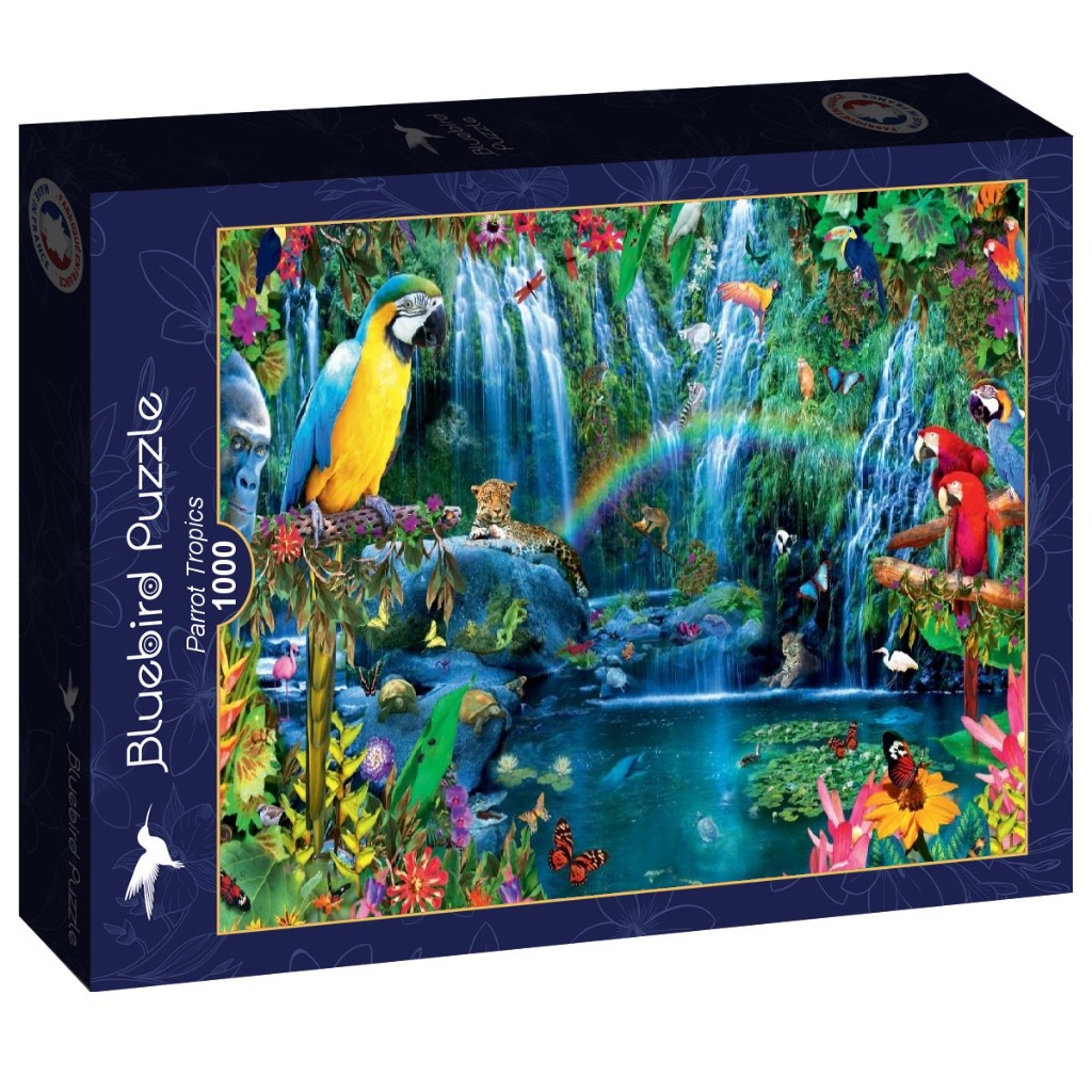 A lush tropical jungle scene featuring a blue and yellow macaw, waterfalls, and various rainforest animals.