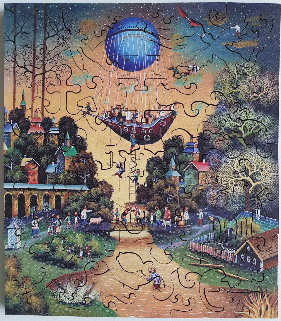 Whimsical illustration of a boat airship hovering over a fairy-tale village at twilight