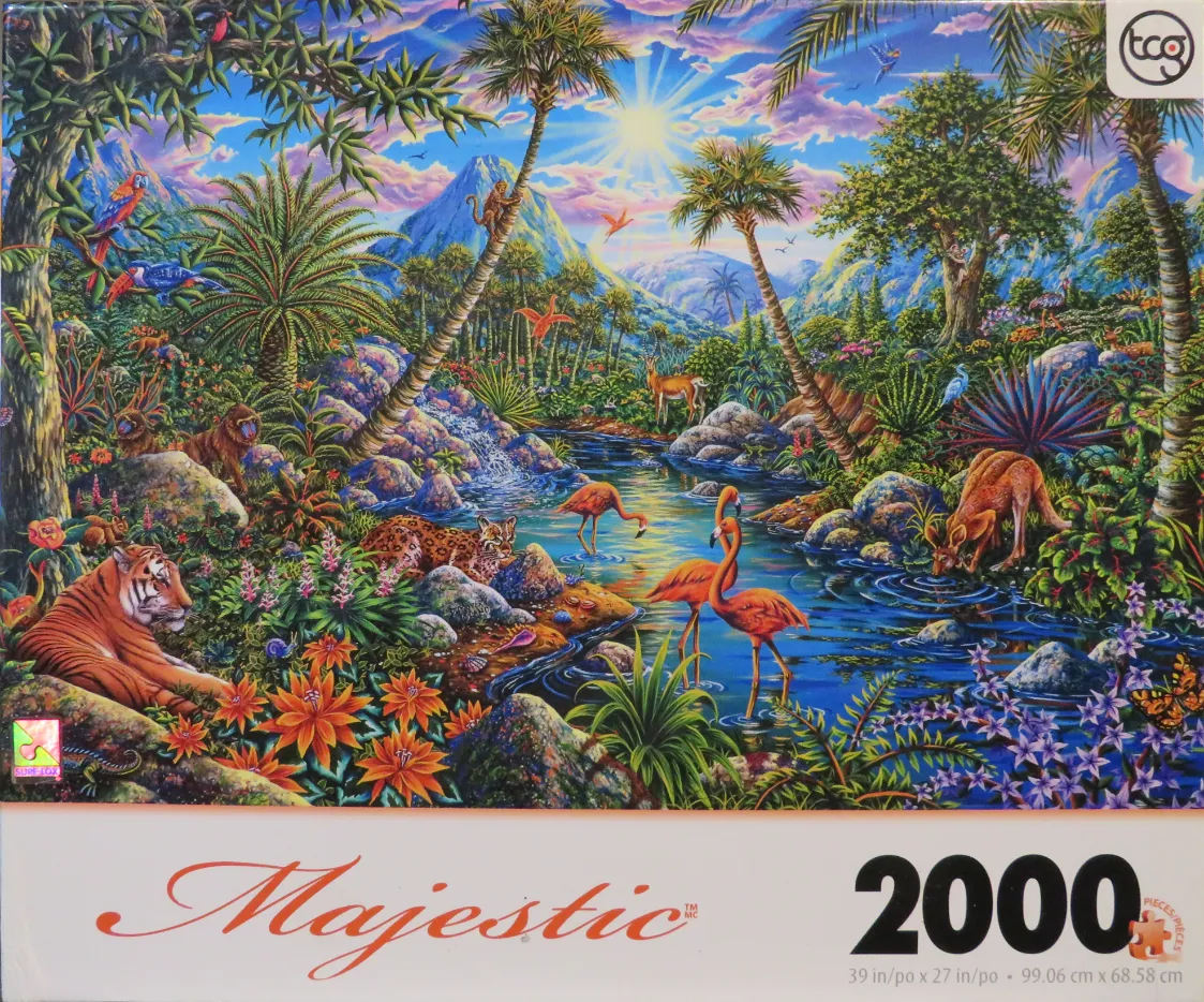 An illustration of a vibrant tropical rainforest scene filled with diverse wildlife, a river, and mountains.