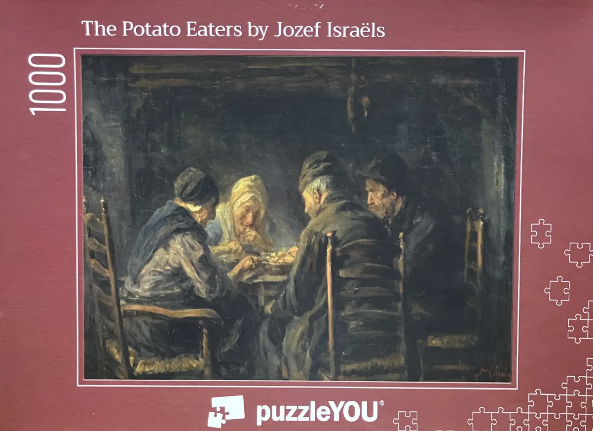 An oil painting of four peasants sitting around a small table eating potatoes in a dark, rustic cottage.