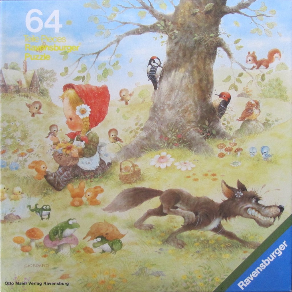 Illustration of Little Red Riding Hood in a forest filled with woodland animals and a grinning wolf.