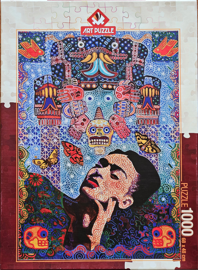 Stylized portrait of Frida Kahlo surrounded by vibrant indigenous-inspired patterns, skulls, and butterflies.