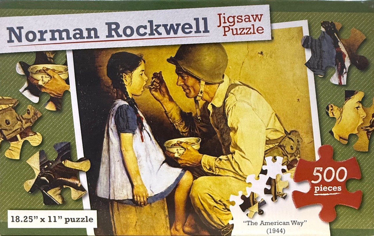 A Norman Rockwell illustration of a soldier in a helmet feeding a young girl from a bowl.