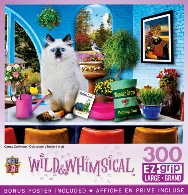 A fluffy Ragdoll cat sits on a table surrounded by gardening supplies in front of blue brick arches.