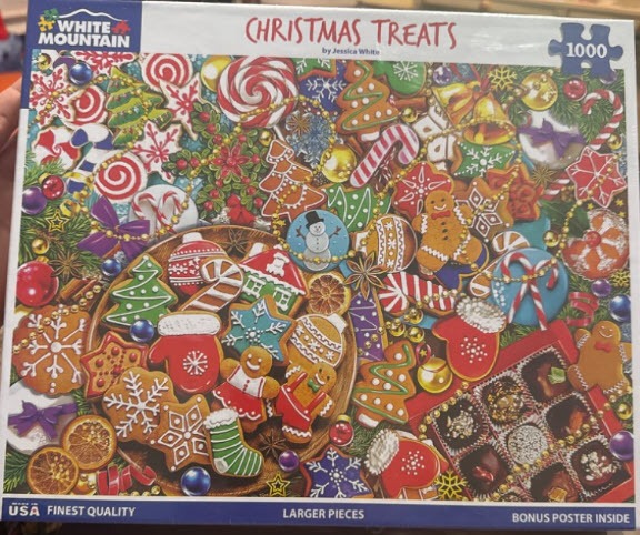 A dense, colorful illustration featuring a variety of decorated holiday cookies, candies, and festive ornaments.