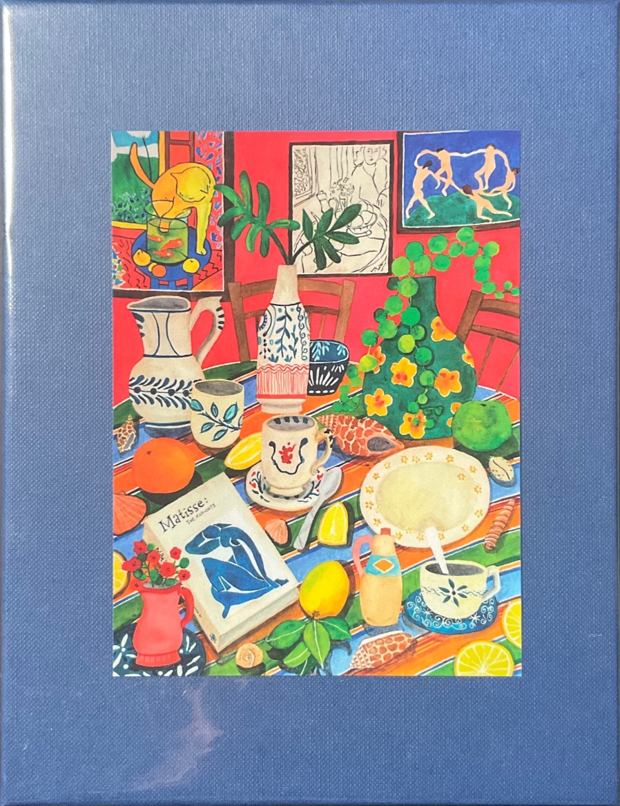 An illustration of a colorful, eclectic table setting featuring pottery, fruit, and books in a room with art on the walls.