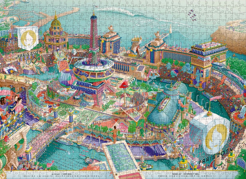 A vibrant, stylized illustration of a futuristic, sports-themed Paris city landscape celebrating the 2024 Olympic Games.