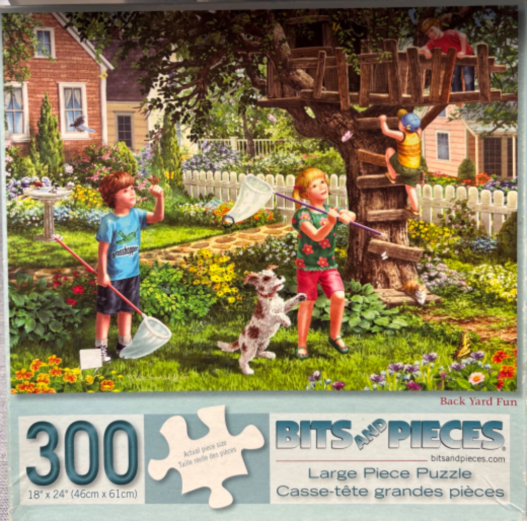 Children playing in a sunlit backyard with a treehouse, butterfly nets, and a dog.