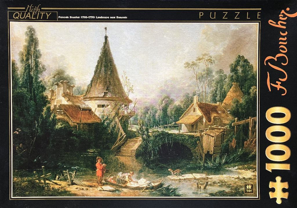 An oil painting of a rural French landscape with a stone tower, a thatched cottage, and figures by a stream.