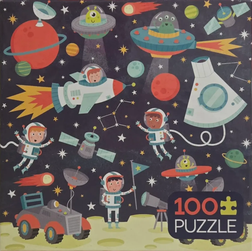 Cartoon illustration of astronauts, spaceships, and planets in deep space against a dark starry sky.
