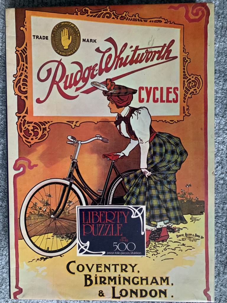Vintage advertising illustration of a woman in a plaid skirt with a bicycle.