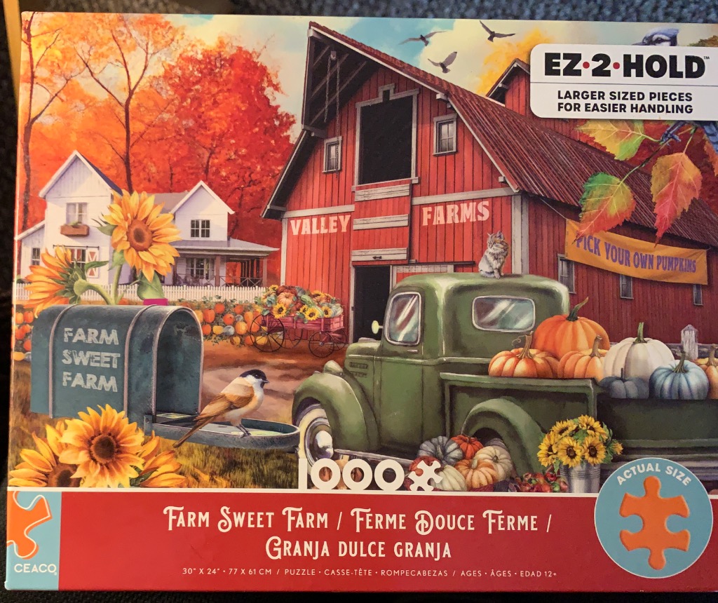 Illustration of a rustic red barn and green vintage truck surrounded by autumn foliage and pumpkins.