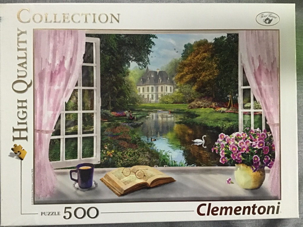 A view through an open window of a country estate, a pond with a swan, and a cozy windowsill with a book and coffee.
